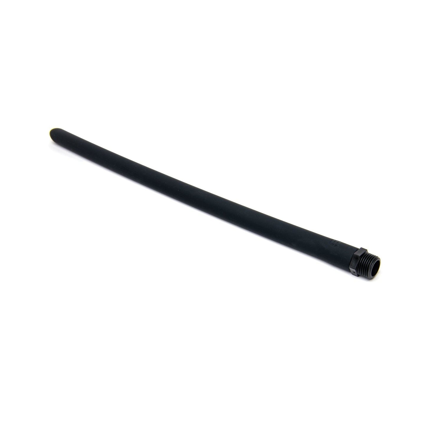 An 18 long, black, flexible plastic tube with a threaded end highlights the Sport Fucker No-Kink design on a white background; its the Sport Fucker Locker Room Hose.