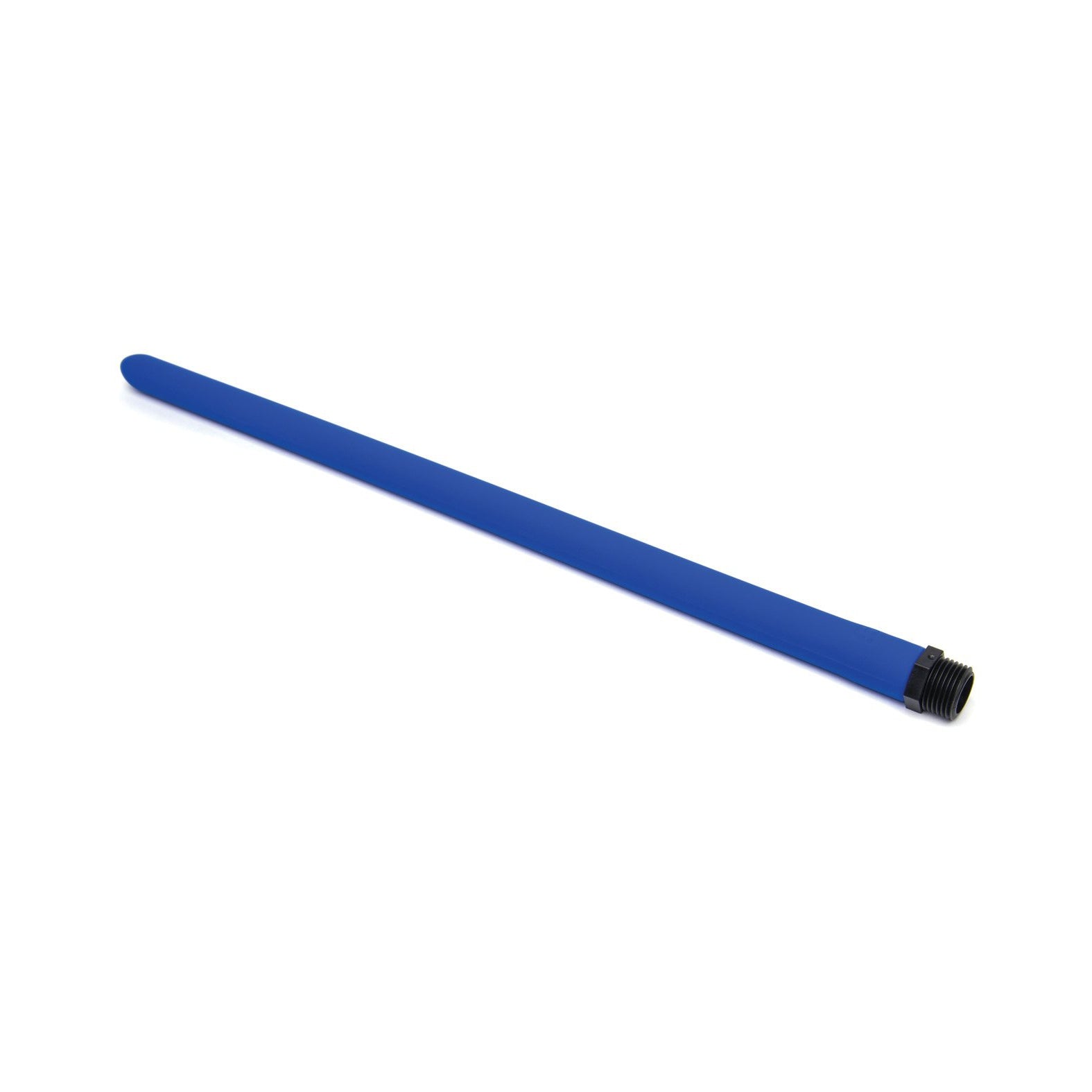 The Sport Fucker Locker Room Hose - 18 features a long, slender blue design with a black base connector and No-Kink technology, set against a white background.