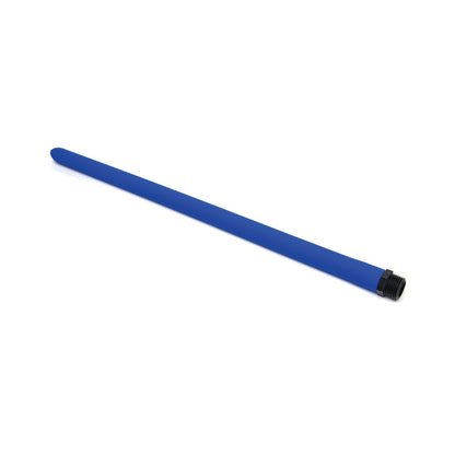 The Sport Fucker Locker Room Hose - 18 features a long, slender blue design with a black base connector and No-Kink technology, set against a white background.
