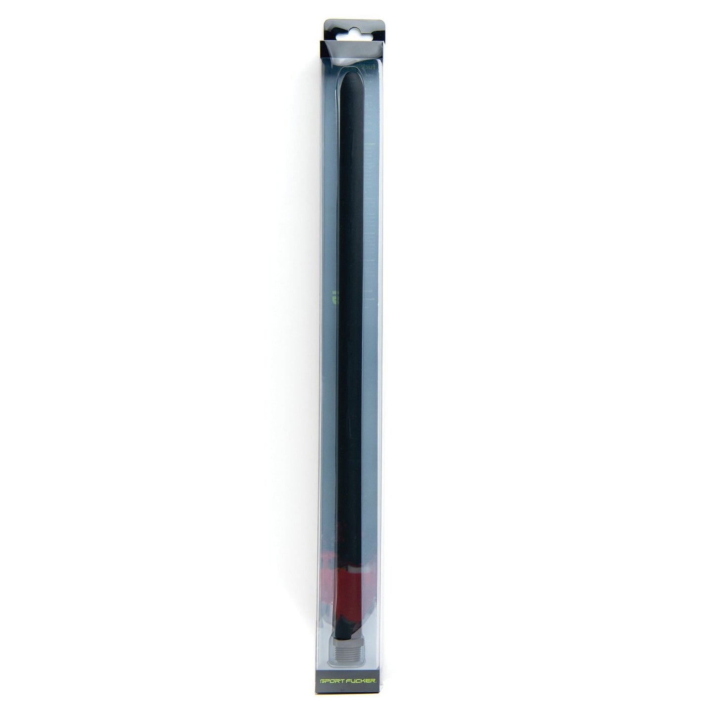 The Sport Fucker Locker Room Hose - 18 is a long, black cylinder made of Pure Platinum Silicone. It comes in transparent packaging with a black top and red bottom, featuring green text. The sleek No-Kink design allows it to stand vertically against a plain white background.
