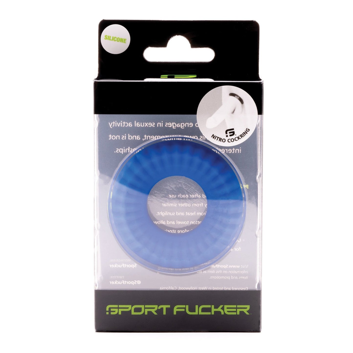 The Sport Fucker Nitro Ring is a vibrant blue silicone cock ring packaged in mostly black with clear viewing area, prominently featuring silicone in the top corner.