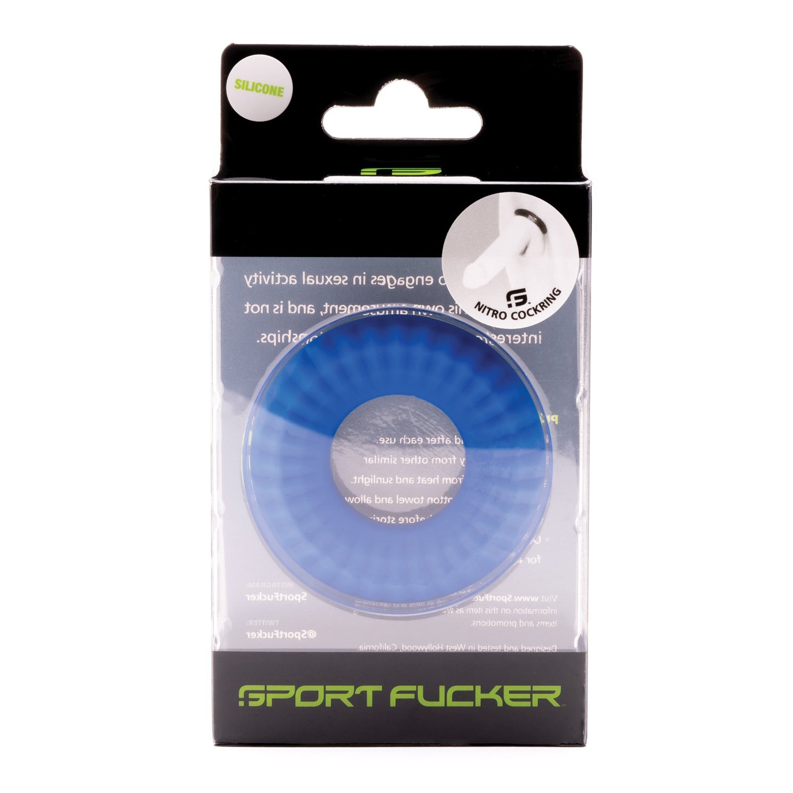 The Sport Fucker Nitro Ring is a vibrant blue silicone cock ring packaged in mostly black with clear viewing area, prominently featuring silicone in the top corner.