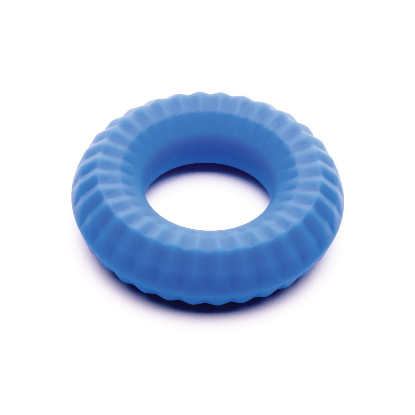 The Sport Fucker Nitro Ring is a blue, rubbery, donut-shaped accessory with a smooth inner circle and grooved outer surface, set against a white background.