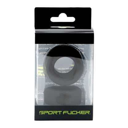 The image showcases the Sport Fucker Nutt Job Ring, a black silicone cock ring from Sport Fucker, in clear packaging with a sleek black and green label.