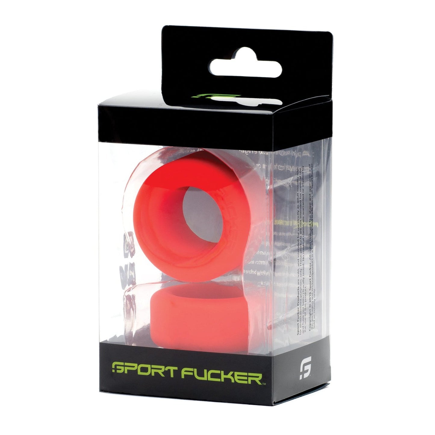 The transparent packaging against a white background reveals two red silicone rings. The black top with a hanging tab prominently displays the Sport Fucker brand in green, highlighting the stretchy silicone design of the Sport Fucker Nutt Job Ring.