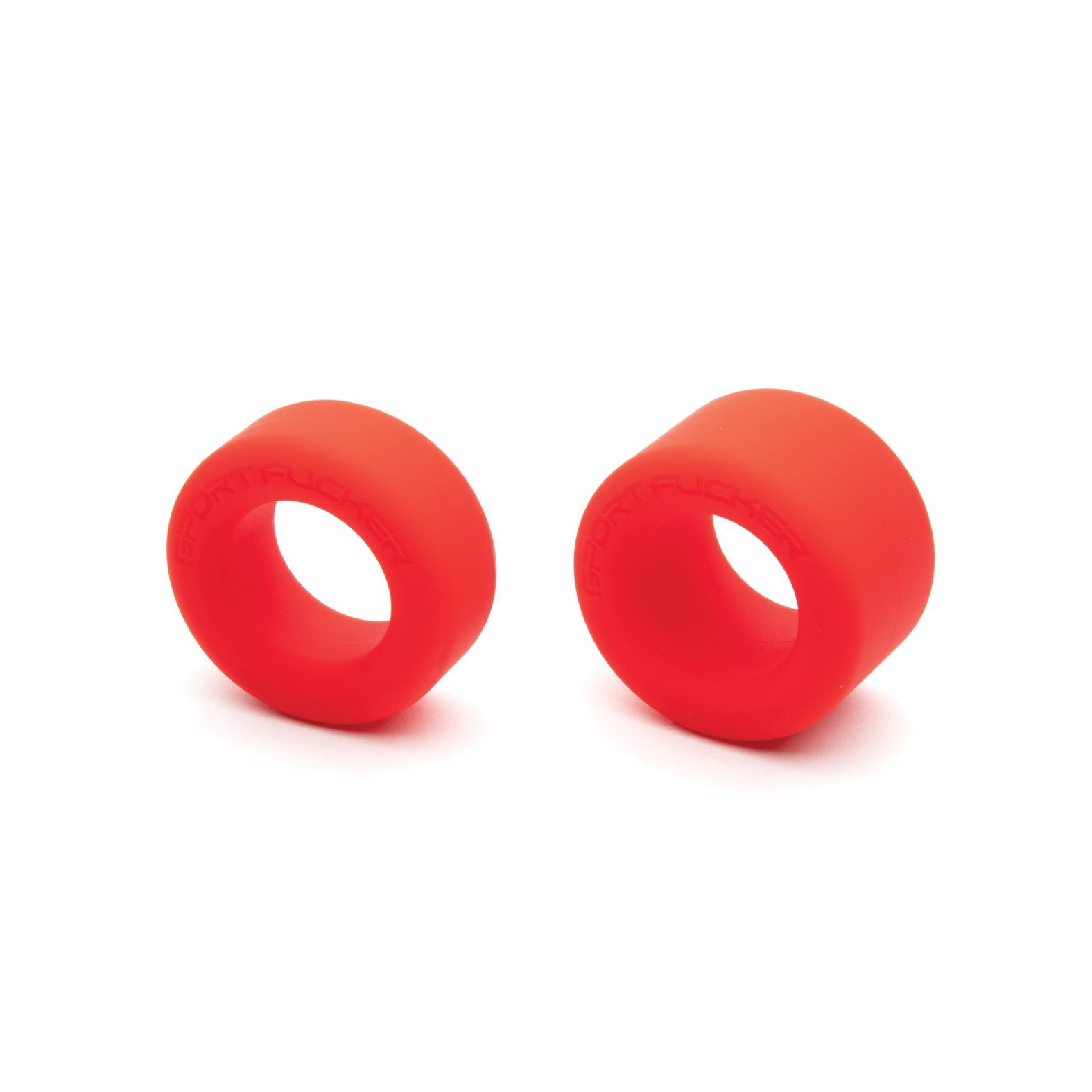 Two Sport Fucker Nutt Job Rings in red silicone with smooth, circular designs are positioned side by side on a white background.