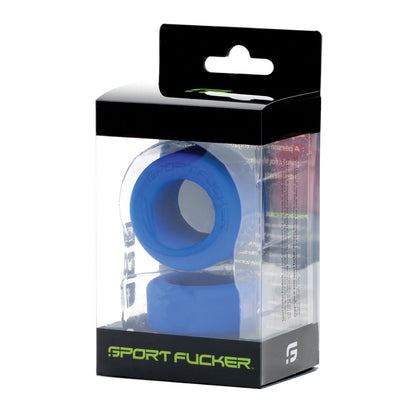 The Sport Fucker Nutt Job Ring is a blue silicone cock ring packaged in a transparent plastic box with black accents, prominently displaying the Sport Fucker brand.