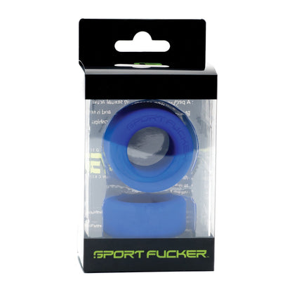 A clear package holds two blue, stretchy silicone cock rings branded as Sport Fucker Nutt Job Ring, neatly stacked in a simple black and green box.