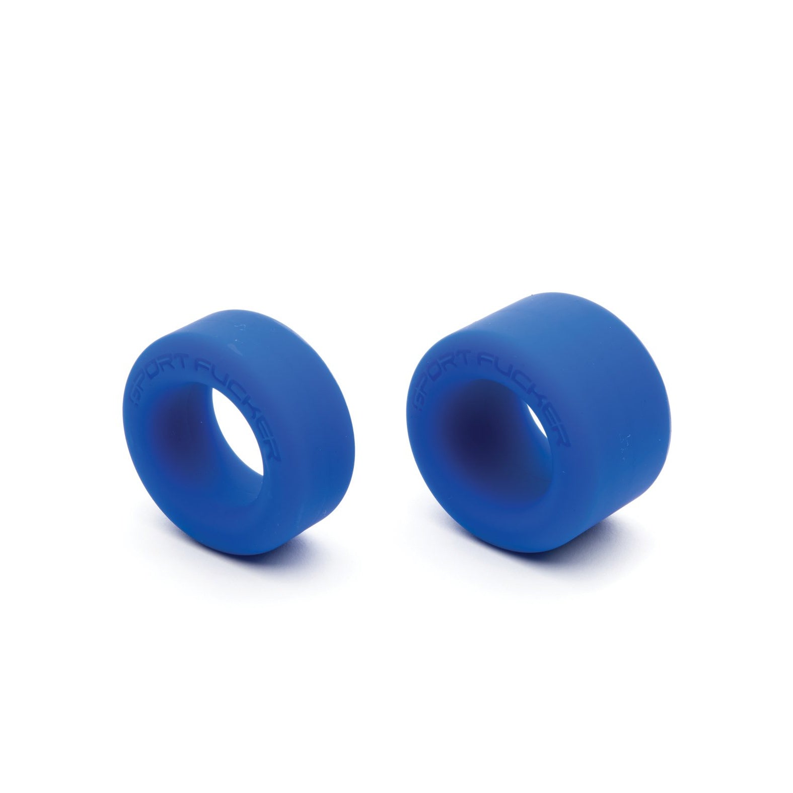 Two Sport Fucker Nutt Job Rings, side by side against a white background, feature smooth, rounded shapes with hollow centers. These blue silicone rings from Sport Fucker are of different sizes and made from stretchy material.