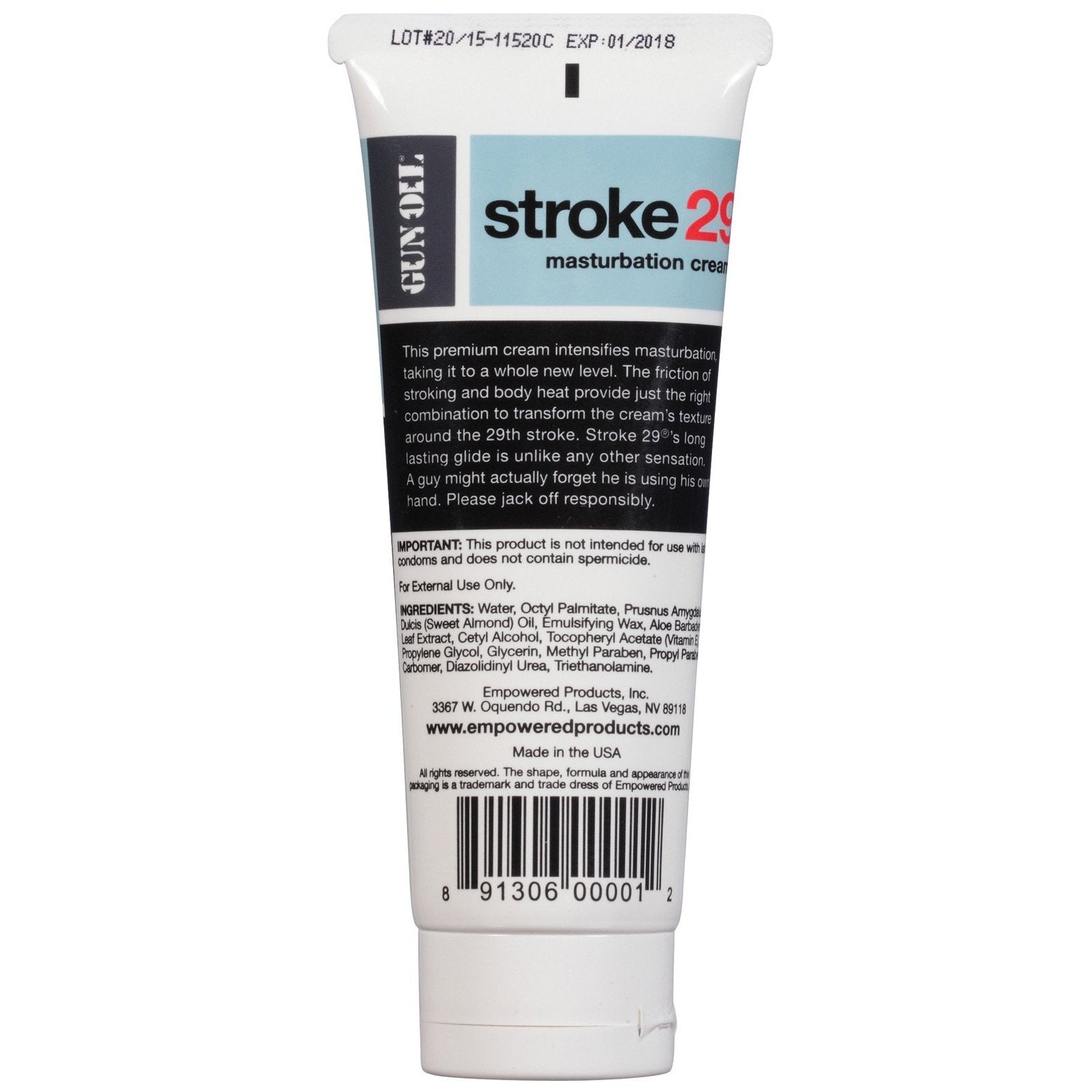 A white tube labeled Stroke 29 Masturbation Cream from Gun Oil features bold black, red, and white text. Resembling Gun Oil packaging, it includes ingredients, instructions, and essential product info for an enhanced experience.