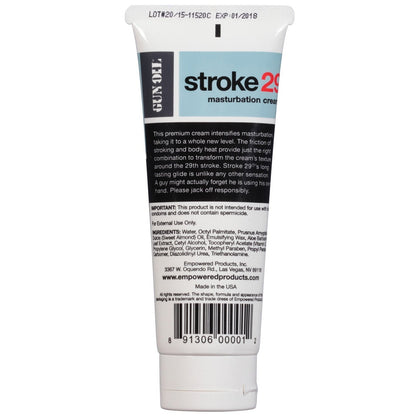 A white tube labeled Stroke 29 Masturbation Cream from Gun Oil features bold black, red, and white text. Resembling Gun Oil packaging, it includes ingredients, instructions, and essential product info for an enhanced experience.