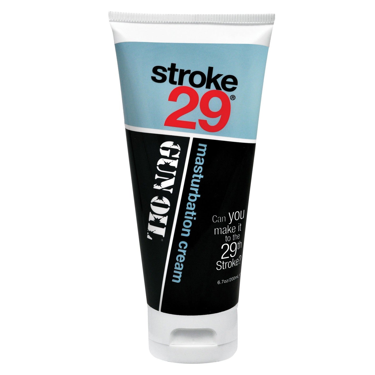 A tube of Stroke 29 Masturbation Cream by Gun Oil features a sleek design with a blue and black label displaying the product name and tagline against a white background.