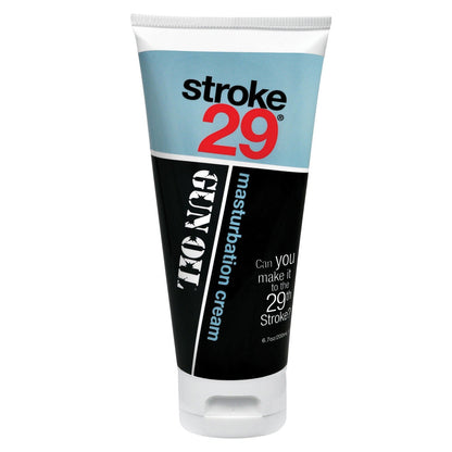 A tube of Stroke 29 Masturbation Cream by Gun Oil features a sleek design with a blue and black label displaying the product name and tagline against a white background.