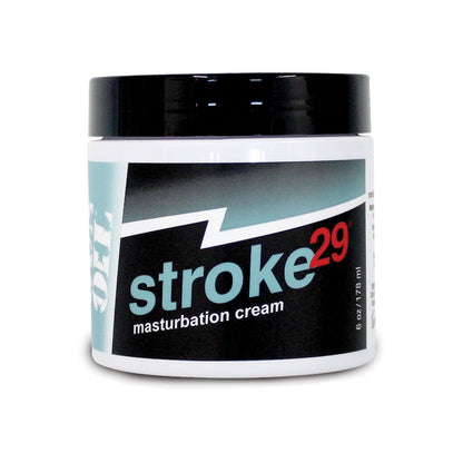 The Stroke 29 masturbation cream by Gun Oil comes in a 6 oz / 178 ml container with a black lid, featuring a bold label with the product name and description.