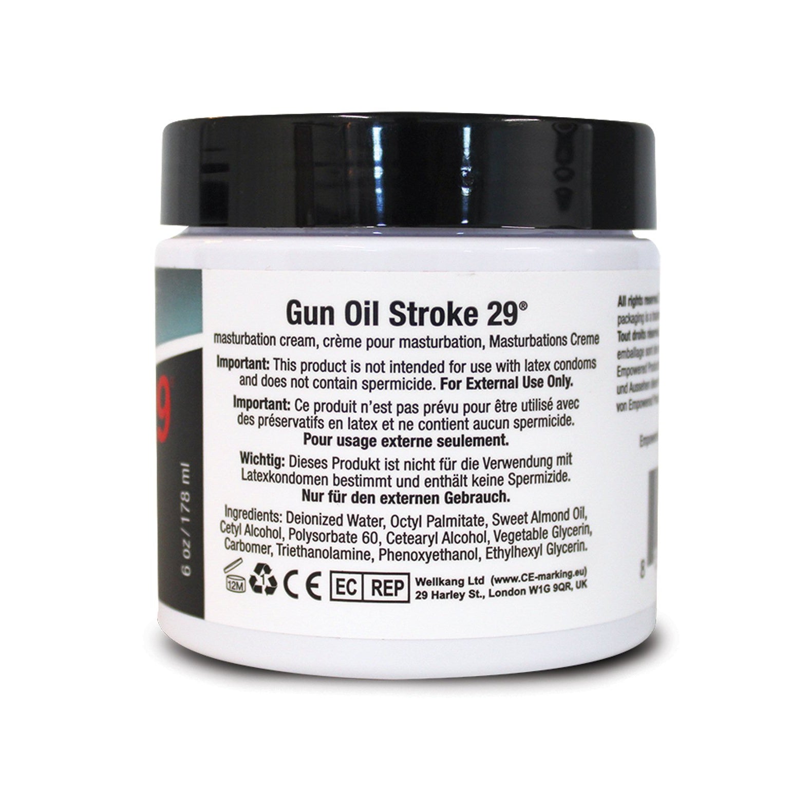 The Stroke 29 Masturbation Cream by Gun Oil is in a sleek black and white jar, featuring vivid multilingual instructions. This 6 oz (178 ml) cream is not for use with latex products, offering a tailored experience.