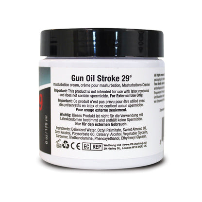 The Stroke 29 Masturbation Cream by Gun Oil is in a sleek black and white jar, featuring vivid multilingual instructions. This 6 oz (178 ml) cream is not for use with latex products, offering a tailored experience.