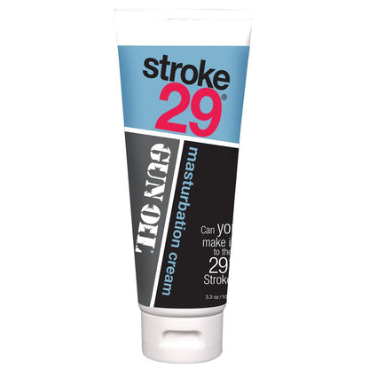 A 3.3 oz tube of Gun Oils Stroke 29 Masturbation Cream sports sleek blue and black labeling, with the playful challenge: Can you make it to the 29th stroke?.