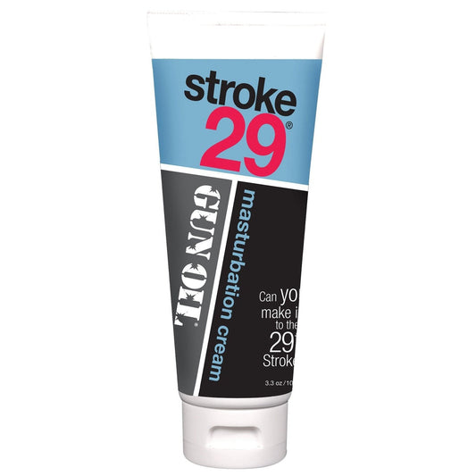 A 3.3 oz tube of Gun Oils Stroke 29 Masturbation Cream sports sleek blue and black labeling, with the playful challenge: Can you make it to the 29th stroke?.