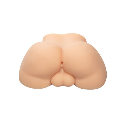 The Stroke It Bottom Banger by California Exotic Novelties, featuring a realistic rump made from Pure Skin® material, resembles human buttocks and genitalia against a white background.