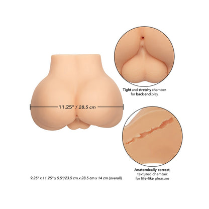 Image of a realistic rump model showcasing texture and chamber design, crafted from Pure Skin® material. Dimensions are 9.25x11.25x5.5/23.5cm x 28.5cm x 14cm, making the Stroke It Bottom Banger by California Exotic Novelties the ideal booty banger accessory for intimate use.