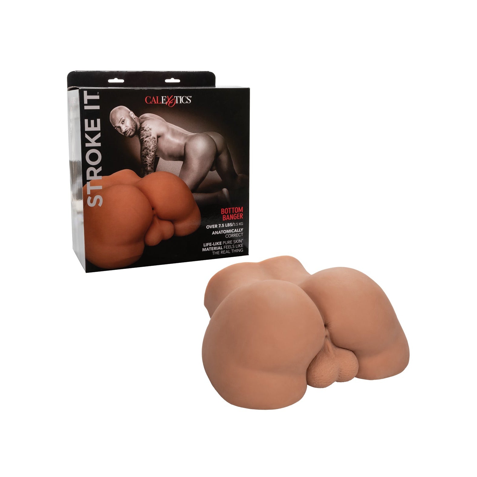 A product image displays the California Exotic Novelties Stroke It Bottom Banger packaging, featuring a muscular individual. In front is a flesh-toned silicone model made from Pure Skin® material, designed for adult enjoyment and offering a realistic rump experience.