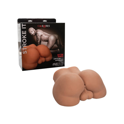 A product image displays the California Exotic Novelties Stroke It Bottom Banger packaging, featuring a muscular individual. In front is a flesh-toned silicone model made from Pure Skin® material, designed for adult enjoyment and offering a realistic rump experience.
