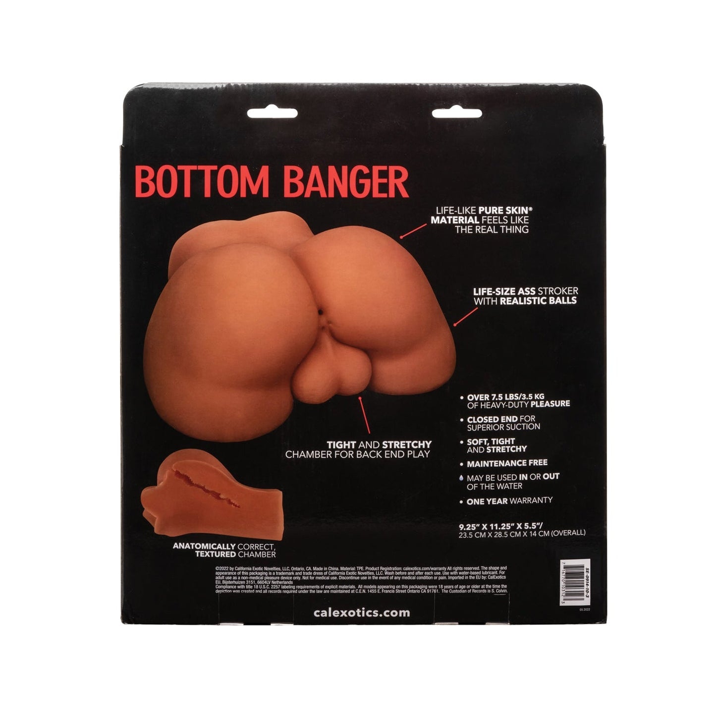 The image displays the packaging for Stroke It Bottom Banger by California Exotic Novelties, crafted with Pure Skin® material. It features a tight, stretchy chamber and realistic rump design with soft, non-stick, maintenance-free construction and includes a one-year warranty.