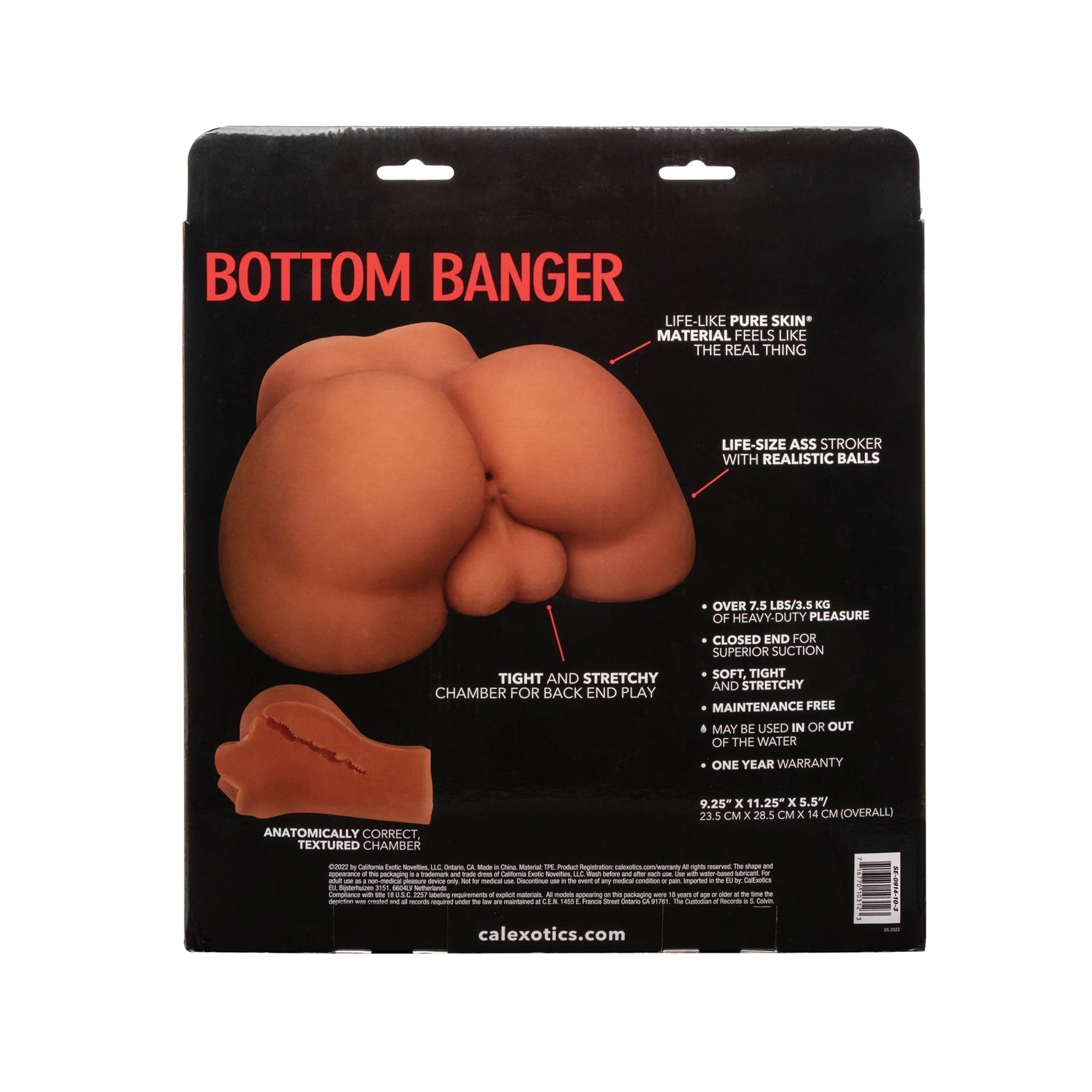 The image displays the packaging for Stroke It Bottom Banger by California Exotic Novelties, crafted with Pure Skin® material. It features a tight, stretchy chamber and realistic rump design with soft, non-stick, maintenance-free construction and includes a one-year warranty.