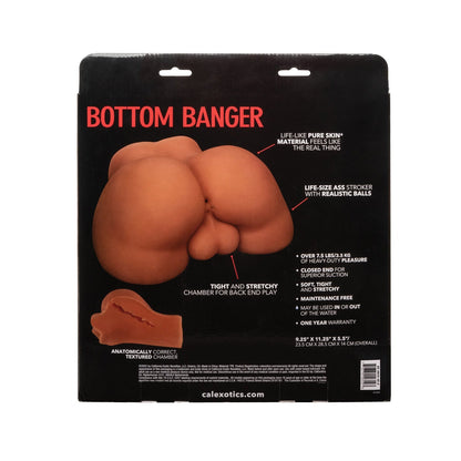 The image displays the packaging for Stroke It Bottom Banger by California Exotic Novelties, crafted with Pure Skin® material. It features a tight, stretchy chamber and realistic rump design with soft, non-stick, maintenance-free construction and includes a one-year warranty.