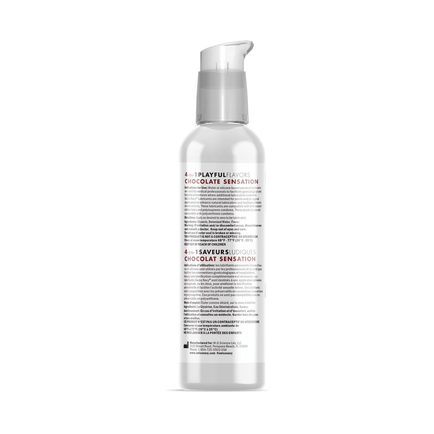 The Swiss Navy 4 in 1 Playful Flavors is a delectable edible lube with a convenient pump dispenser. This lubricant, housed in a clear bottle displaying its rich brown liquid, includes multilingual product details and instructions for your pleasure.