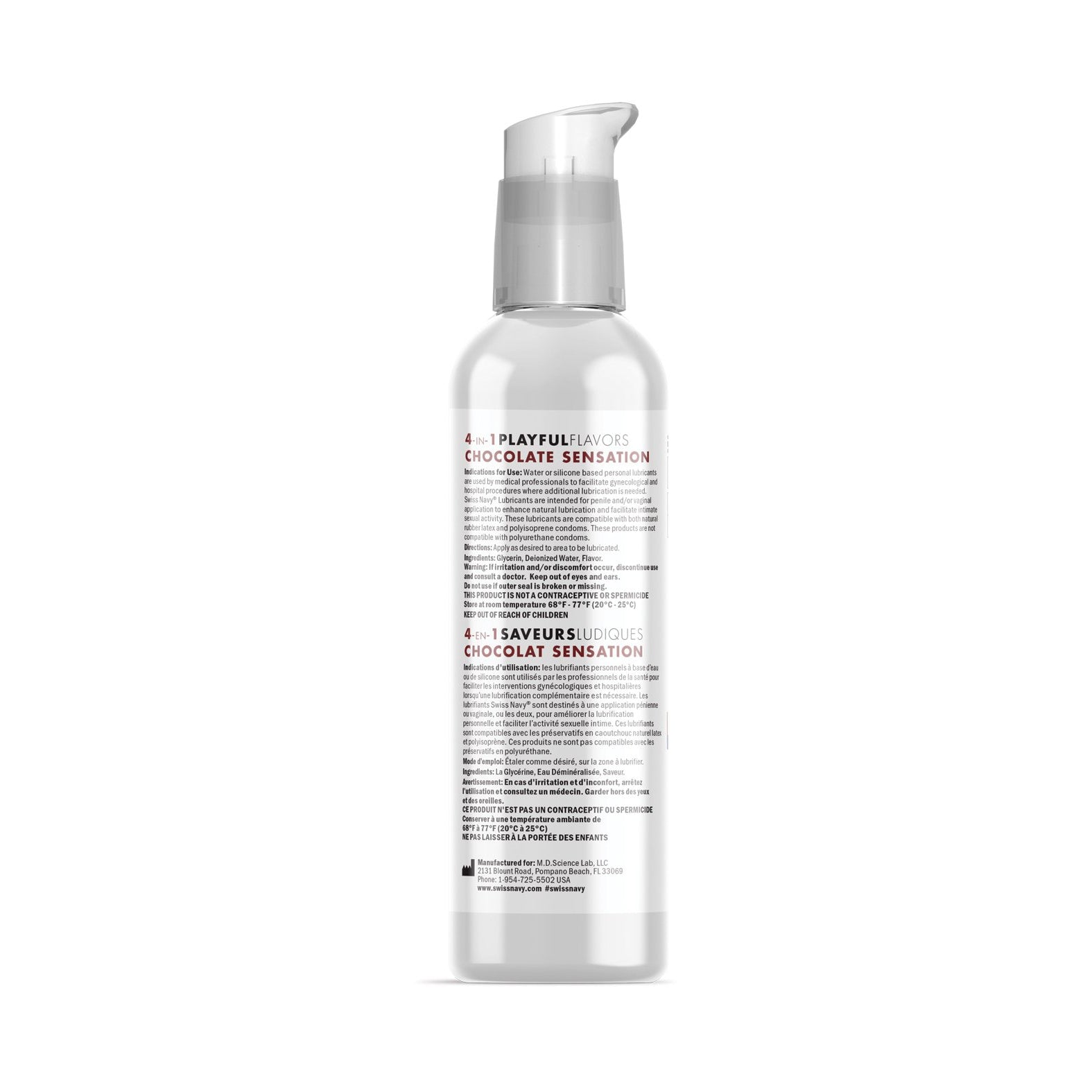 The Swiss Navy 4 in 1 Playful Flavors is a delectable edible lube with a convenient pump dispenser. This lubricant, housed in a clear bottle displaying its rich brown liquid, includes multilingual product details and instructions for your pleasure.