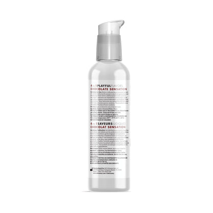 The Swiss Navy 4 in 1 Playful Flavors is a delectable edible lube with a convenient pump dispenser. This lubricant, housed in a clear bottle displaying its rich brown liquid, includes multilingual product details and instructions for your pleasure.