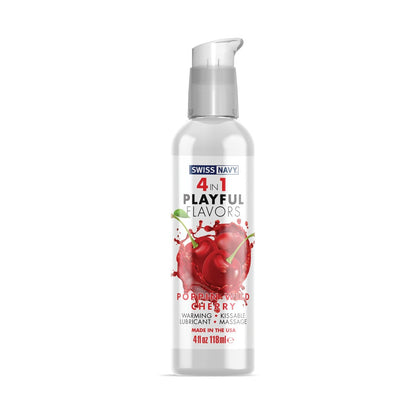 Swiss Navy 4 in 1 Playful Flavors is a delightful edible lubricant, ideal for enhancing intimacy with sweetness. The labels red cherries and water droplets perfectly capture its essence. Available in a convenient 4 fl oz (118 ml) bottle.