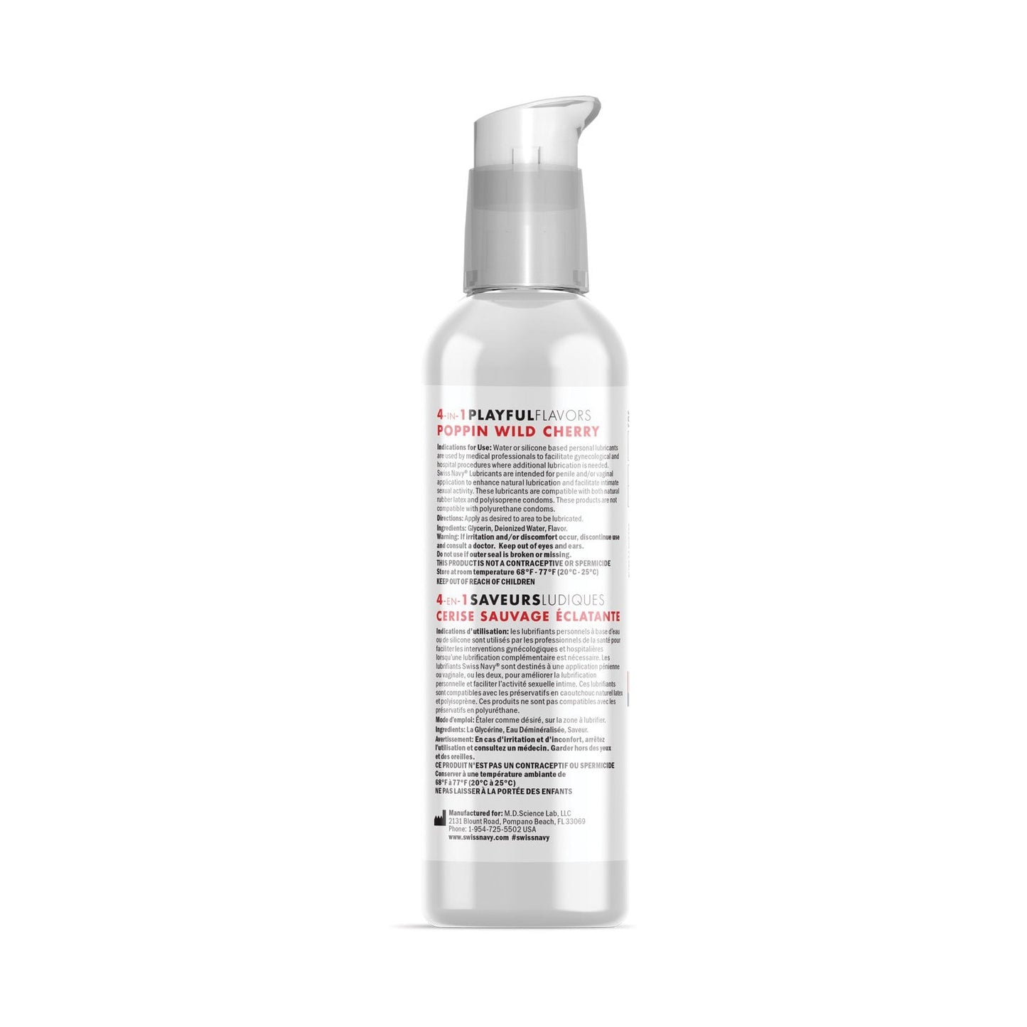 A white bottle with a clear pump dispenser, labeled Swiss Navy 4 in 1 Playful Flavors Poppin Wild Cherry Lubricant, is shown from the back. The back label features text in English and French. Swiss Navy ensures quality in every drop. The background is plain white.