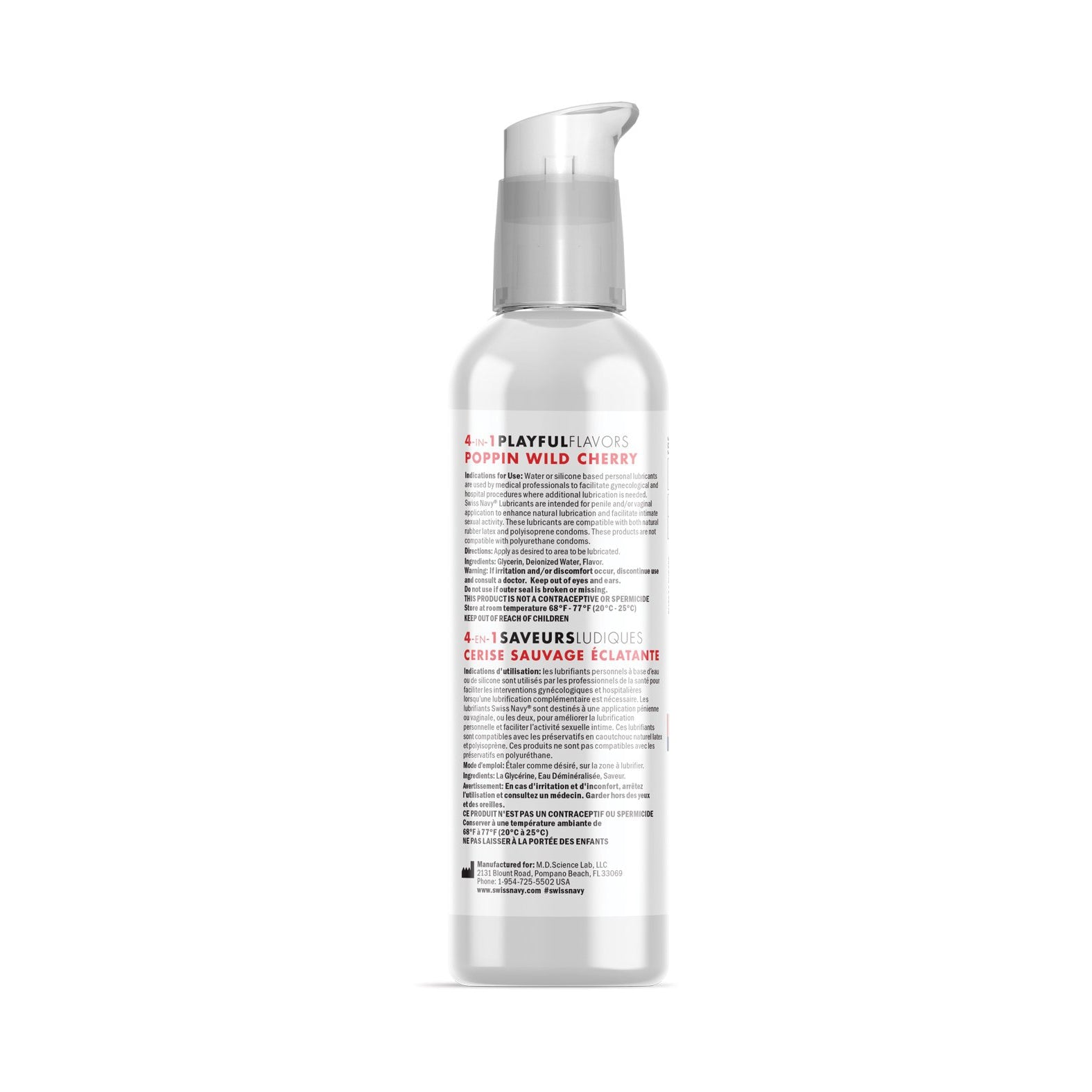 A white bottle with a clear pump dispenser, labeled Swiss Navy 4 in 1 Playful Flavors Poppin Wild Cherry Lubricant, is shown from the back. The back label features text in English and French. Swiss Navy ensures quality in every drop. The background is plain white.