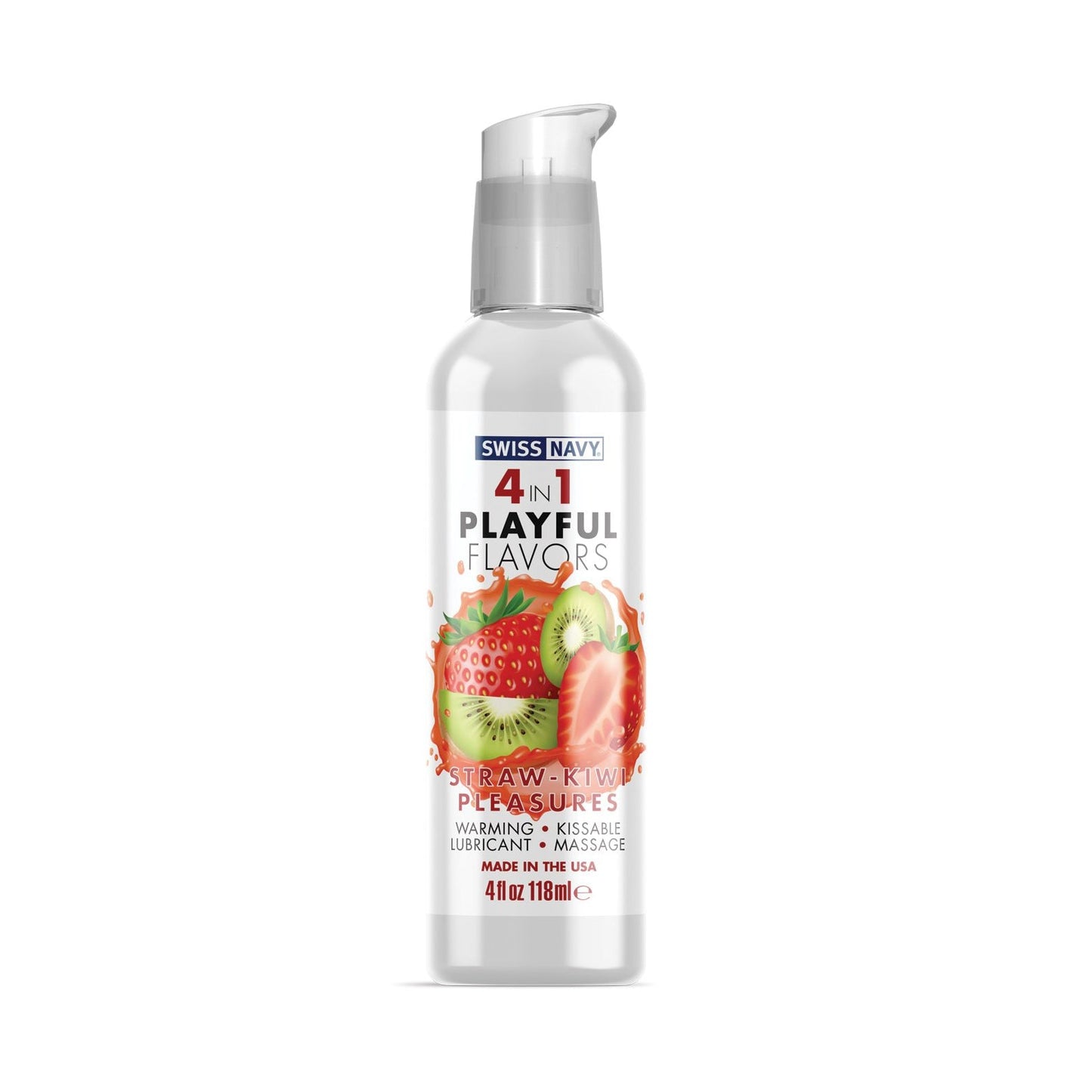 Swiss Navy 4 in 1 Playful Flavors lubricant, highlighting a strawberry-kiwi design, offers a 4 fl oz (118 ml) edible formula for warming, kissable sensations. Versatile for use as both lubricant and massage oil, its proudly made in the USA.