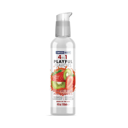 Swiss Navy 4 in 1 Playful Flavors lubricant, highlighting a strawberry-kiwi design, offers a 4 fl oz (118 ml) edible formula for warming, kissable sensations. Versatile for use as both lubricant and massage oil, its proudly made in the USA.