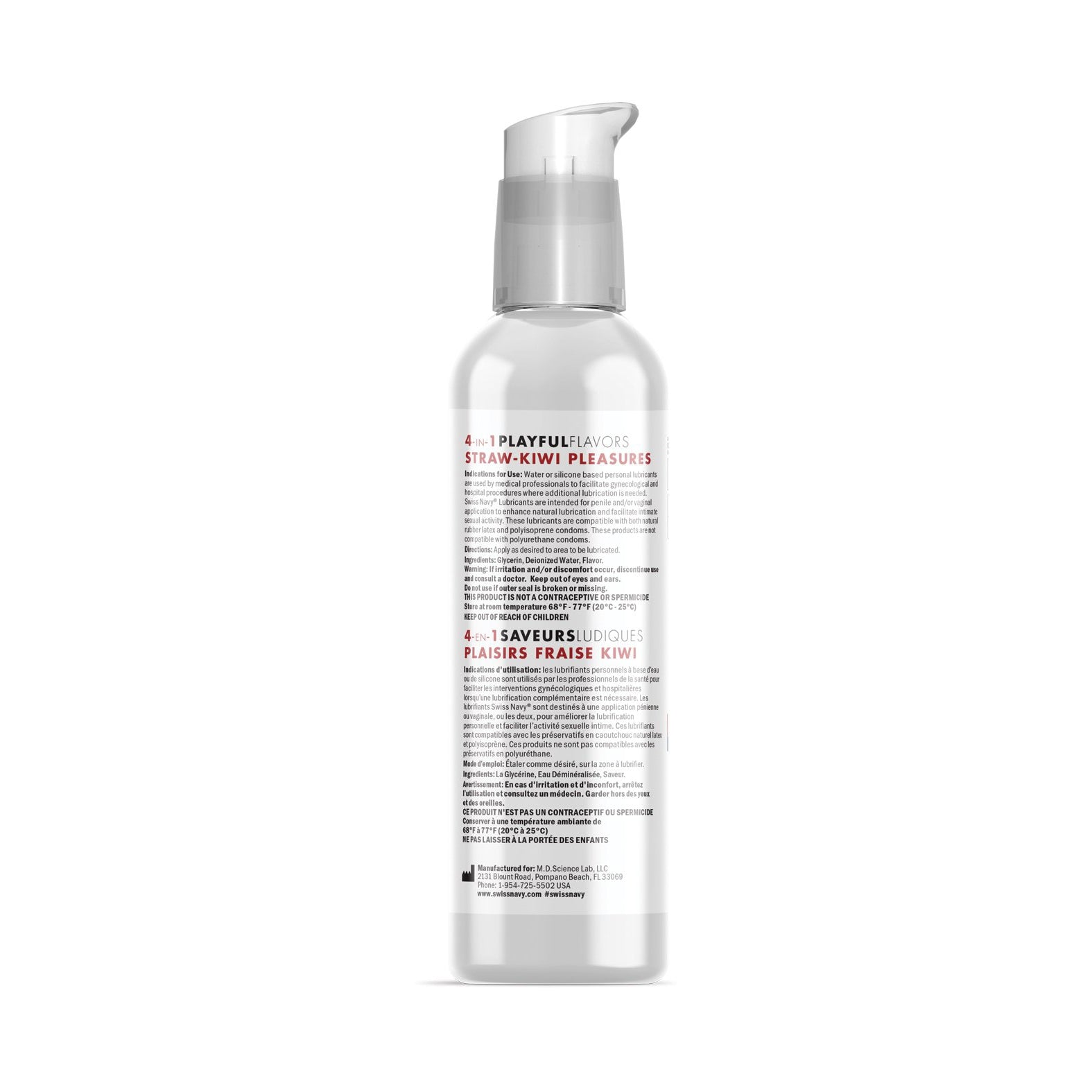 The Swiss Navy 4 in 1 Playful Flavors lube, in a clear bottle with a pump dispenser, is labeled 4-PLAYFUL FLAVORS STRAW-KIWI PLEASURES and includes multilingual details about ingredients and product info.