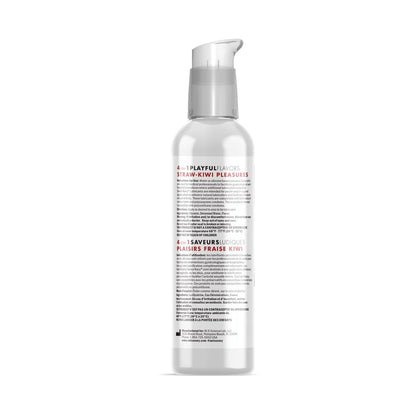 The Swiss Navy 4 in 1 Playful Flavors lube, in a clear bottle with a pump dispenser, is labeled 4-PLAYFUL FLAVORS STRAW-KIWI PLEASURES and includes multilingual details about ingredients and product info.