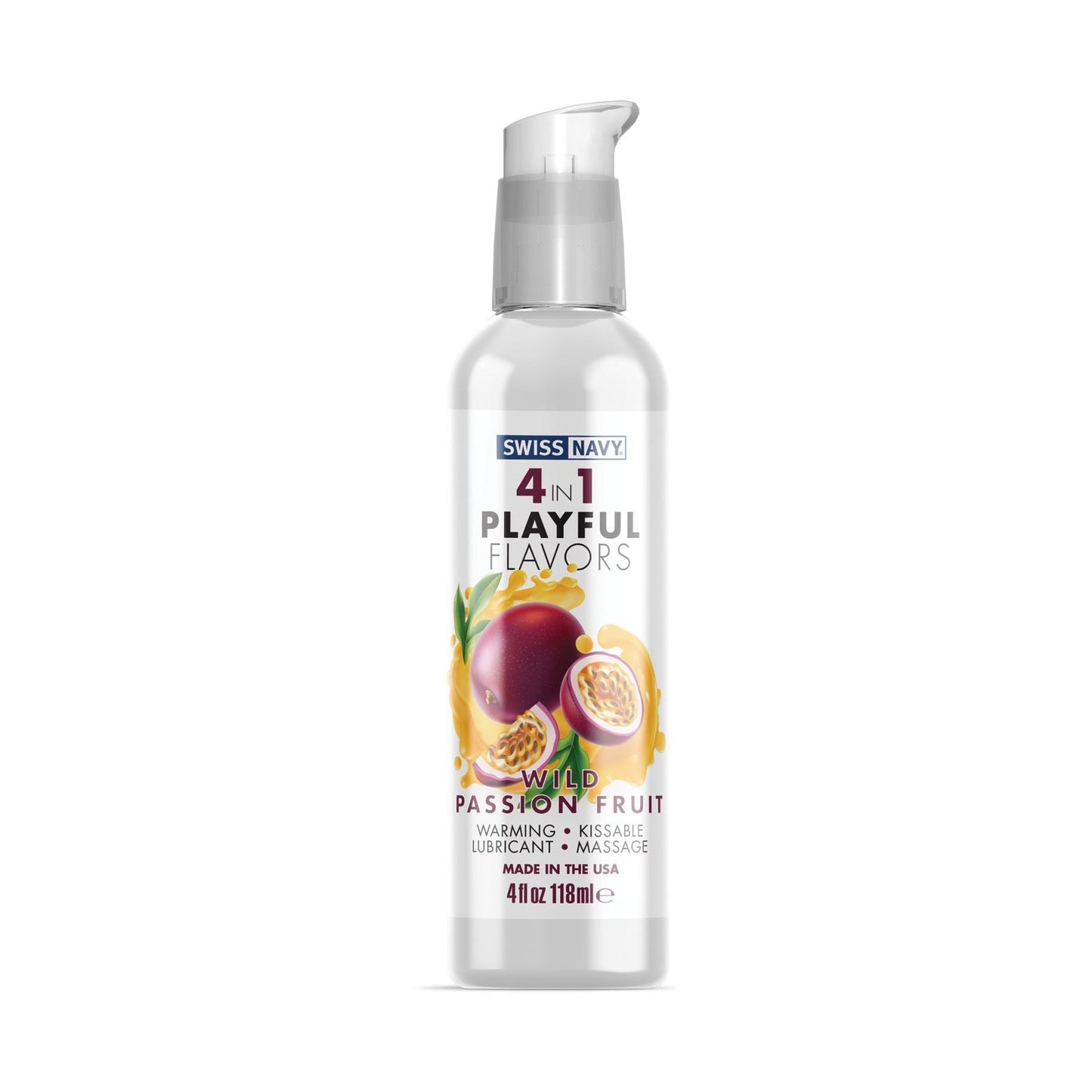 A 4 fl oz (118 ml) bottle of Swiss Navy 4 in 1 Playful Flavors by Swiss Navy, designed with a passion fruit taste, ideal for warming massage and kissable lubricant uses; its an edible lube made in the USA.