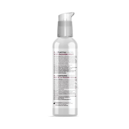 The Swiss Navy 4-in-1 Playful Flavors Wild Passion Fruit lubricant comes in a clear pump bottle. The bilingual English and French label offers an edible experience, with packaging designed to stand upright against a white background.