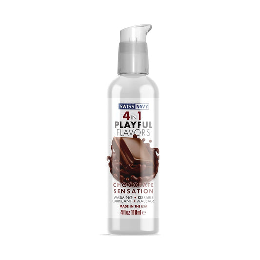 The Swiss Navy 4 in 1 Playful Flavors edible lube offers warming, kissable, massage, and lubrication features in a chocolate sensation. It contains 4 fl oz (118 ml) for a playful experience.