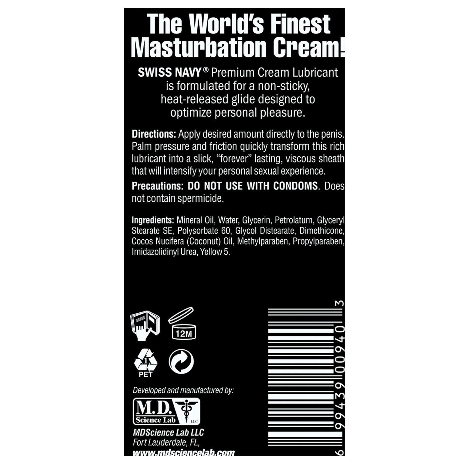 The packaging for Swiss Navy Premium Masturbation Cream features a black and white design, emphasizing its non-sticky, long-lasting slickness. It includes directions, ingredients, a condom use warning, recycling symbols, and company contact info at the bottom.