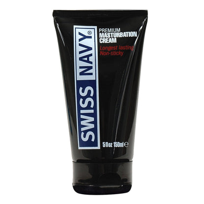 A sleek black tube of Swiss Navy Premium Masturbation Cream, labeled Longest lasting, non-sticky, offers unmatched slickness for an exceptional experience with a volume of 5 fl oz (150 ml).