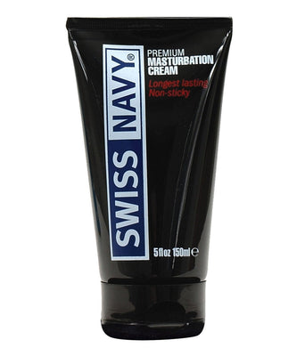 A sleek black tube of Swiss Navy Premium Masturbation Cream, labeled Longest lasting, non-sticky, offers unmatched slickness for an exceptional experience with a volume of 5 fl oz (150 ml).