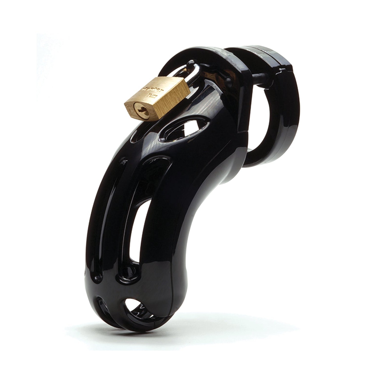 The Curve 3 3/4 Curved Cock Cage & Lock Set by CB-6000S is a black, medical-grade polycarbonate device featuring ventilation slots, an ergonomic design, and a gold padlock, epitomizing the high quality associated with CB-X products.