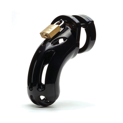 The Curve 3 3/4 Curved Cock Cage & Lock Set by CB-6000S is a black, medical-grade polycarbonate device featuring ventilation slots, an ergonomic design, and a gold padlock, epitomizing the high quality associated with CB-X products.