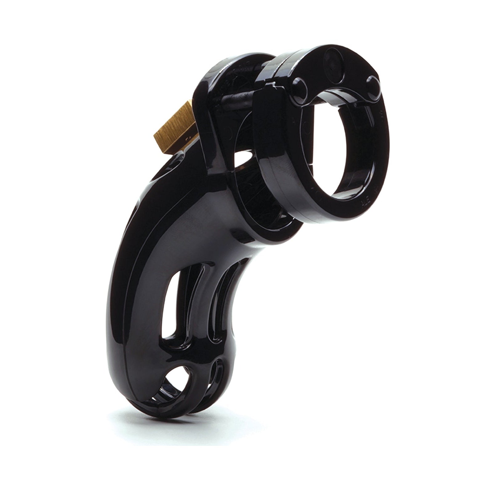 The CB-6000S Curve 3 3/4 Curved Cock Cage & Lock Set is a black, curved device made from medical-grade polycarbonate. It has ventilation slots and includes a small brass-colored padlock at the top, aligning with the CB-X design ethos.