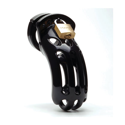 The CB-6000S Curve 3 3/4 Curved Cock Cage & Lock Set is a sleek chastity cage made from medical-grade polycarbonate, featuring elongated side openings and an integrated brass padlock for security.
