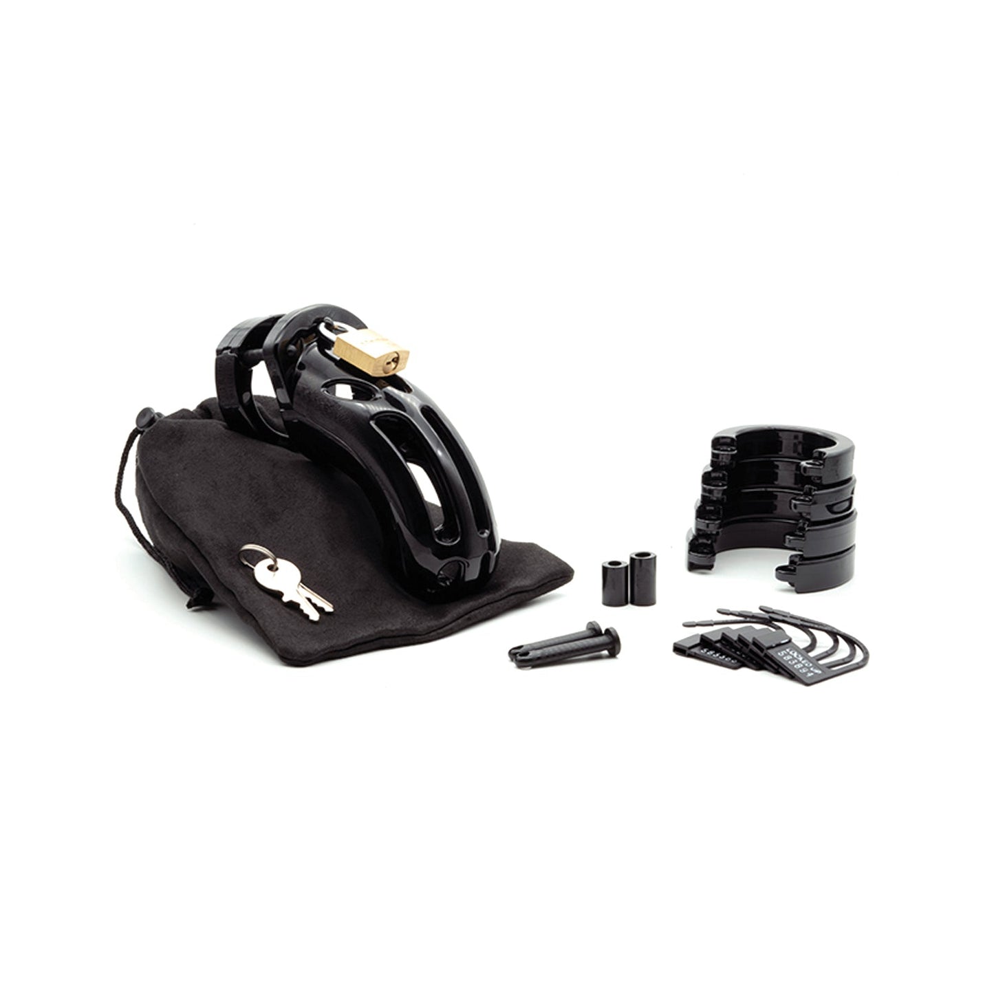 The CB-6000S Curve 3 3/4 Curved Cock Cage & Lock Set, made of medical-grade polycarbonate, in black is elegantly displayed on a white background with accessories such as keys, padlock, adjustable rings, spacers, and a fabric pouch.